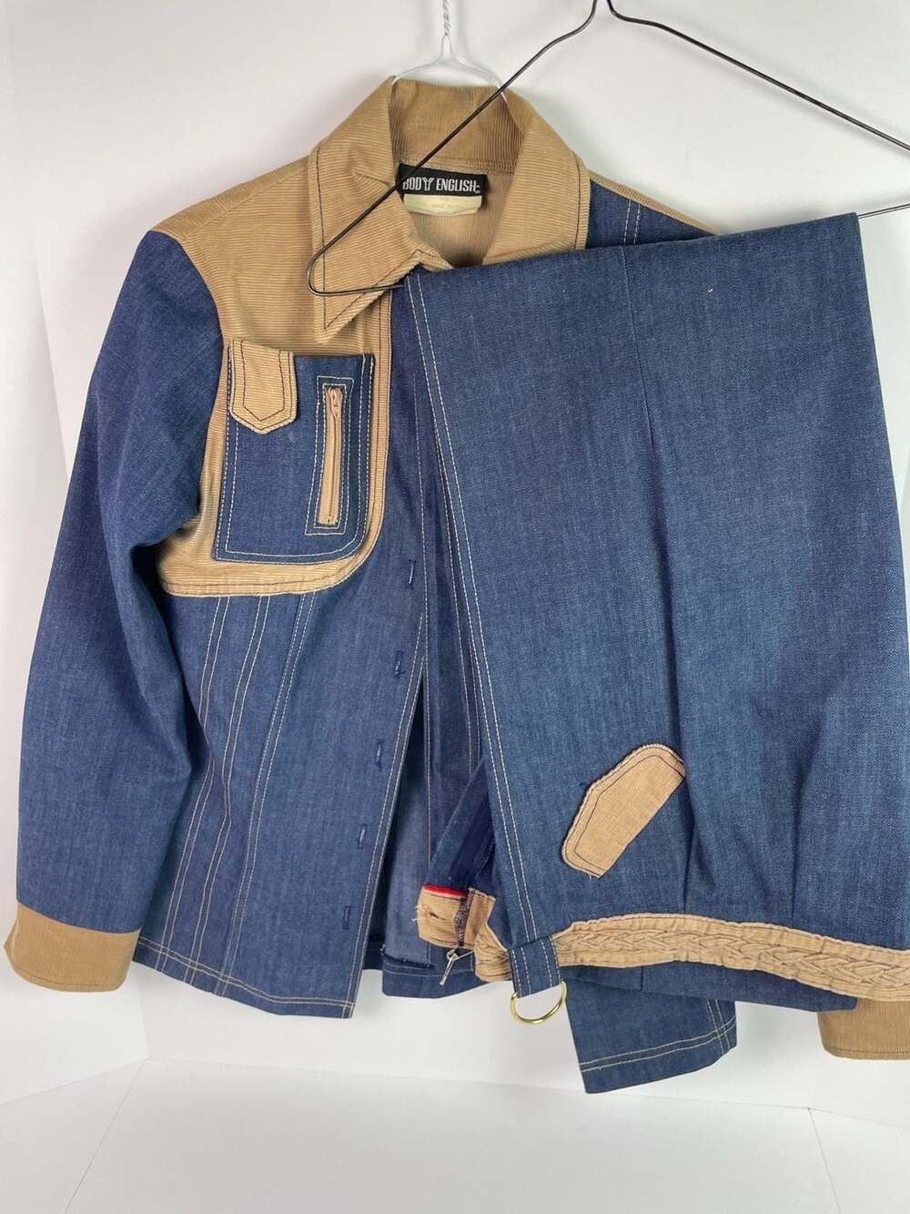 Vintage 70s Body English Denim Set, Corduroy Trim Jacket & Bell Bottoms — Rare